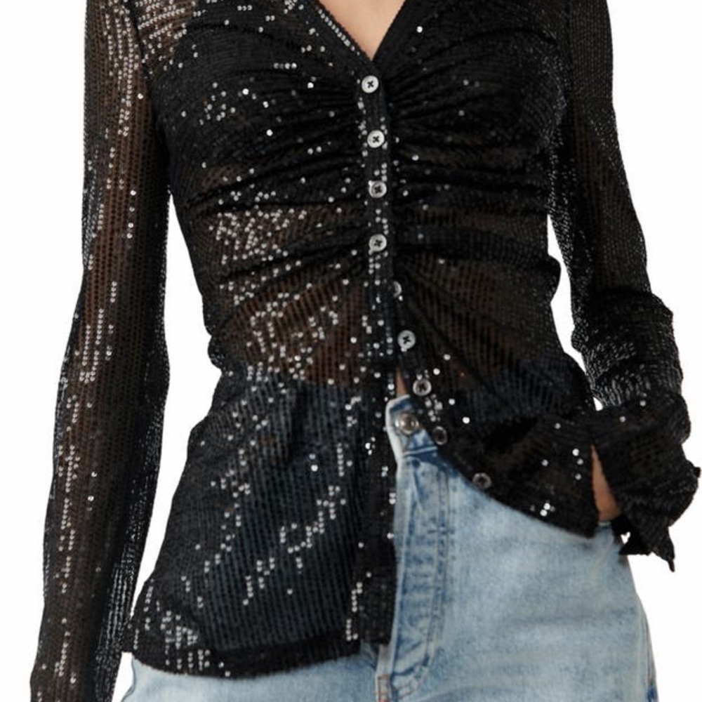 Free People, Black Sequin Button-Up Top